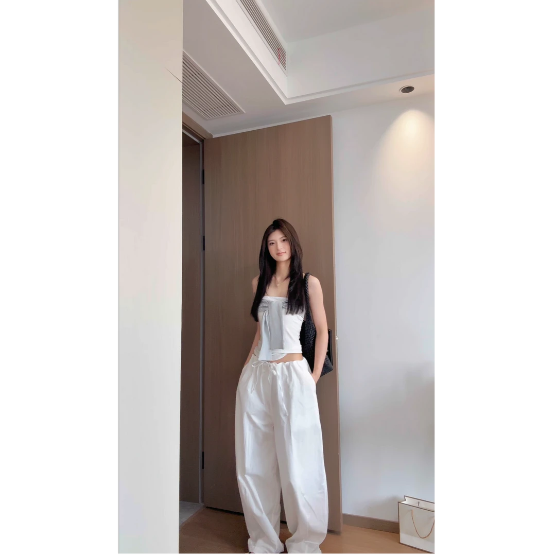 辣妹抽绳松紧腰白色休闲裤女夏季时尚长裤宽松垂感阔腿裤子拖地裤