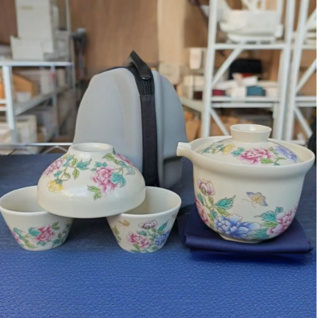 KK0683-黄汝瑰丽牡丹主题旅行便携户外用精美白瓷茶具套装
