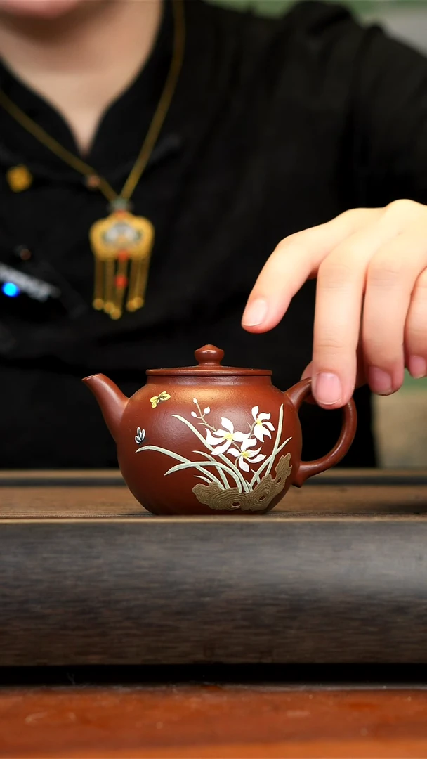 【闪购商品】紫砂茶壶紫朱泥兰花平鼓壶