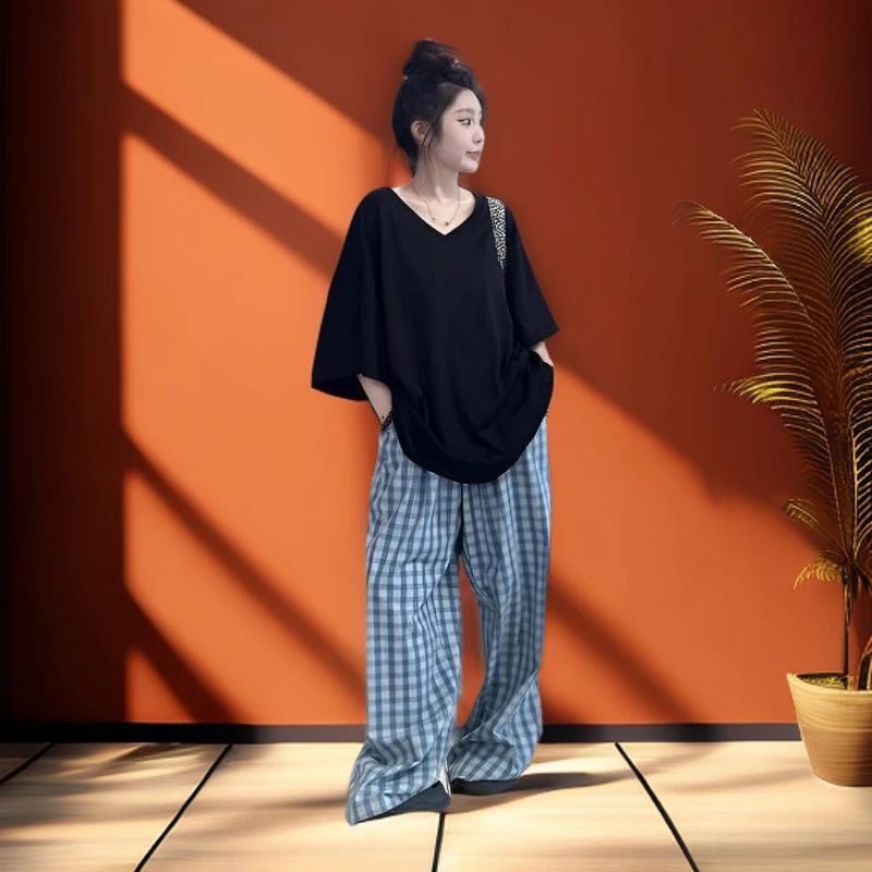 杜拉妮黑色纯棉V领短袖t恤女款夏季2025新款宽松中长款遮屁股体恤