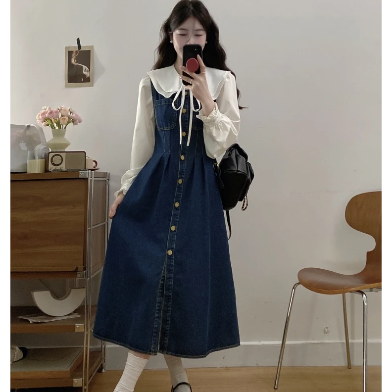 大码女装复古牛仔收腰背心连衣裙+减龄荷叶边衬衫