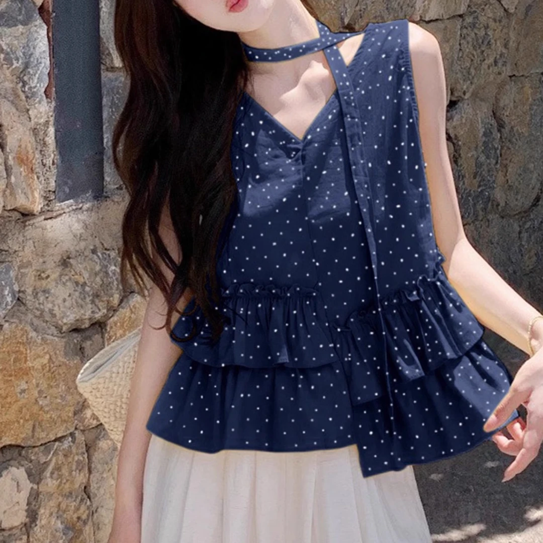 蓝色波点挂脖吊带背心女恋夏风多巴胺独特漂亮无袖宽松百搭小上衣