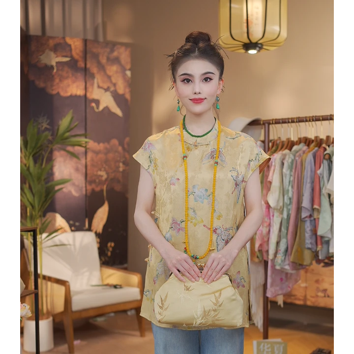 《 晚冬晴-上衣》新中式提花国风时尚休闲透气长款短袖上衣