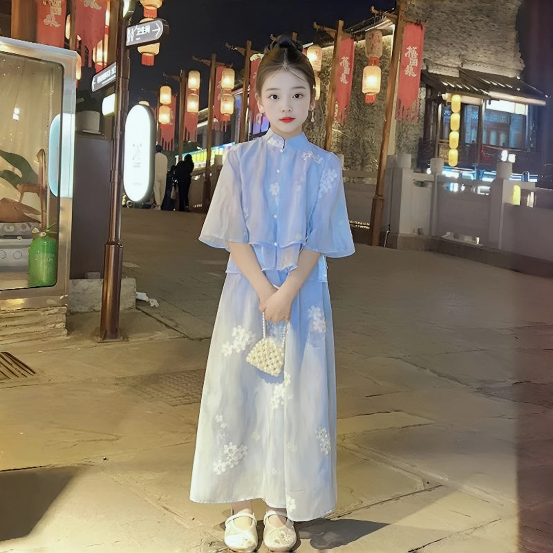 女童新中式汉服套装夏季2025新款儿童中袖刺绣女孩超仙气质两件套