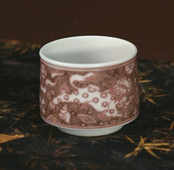细雨幽兰釉里红狮子纹杯景德镇茶具家用饮茶主人杯中式
