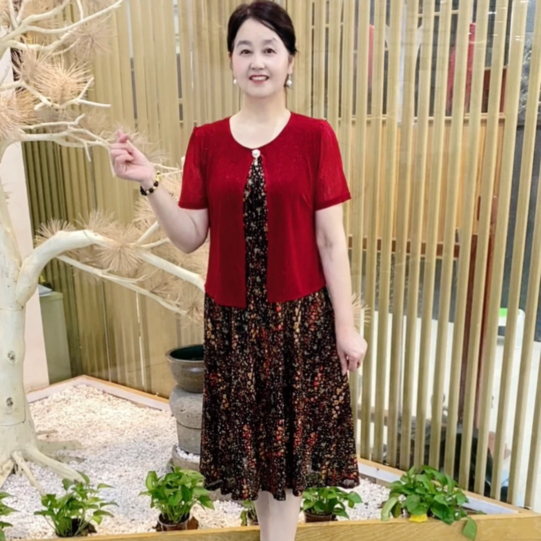 夏季新款妈妈装时尚洋气显瘦大码气质中老年圆领假两件套连衣裙