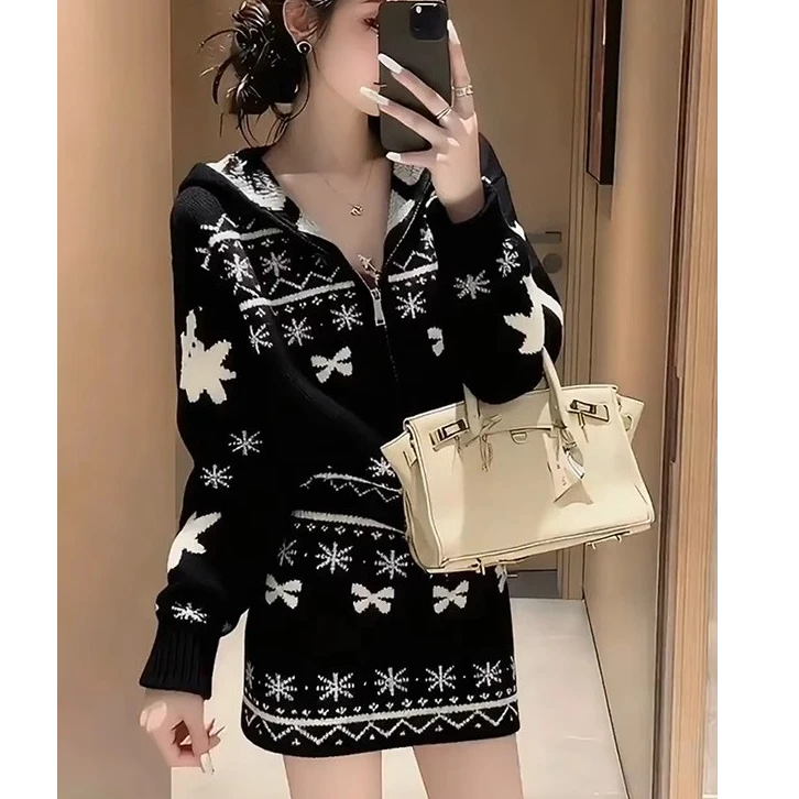 韩系黑色针织套装女2025新款早秋慵懒风穿搭提花上衣半身裙两件套