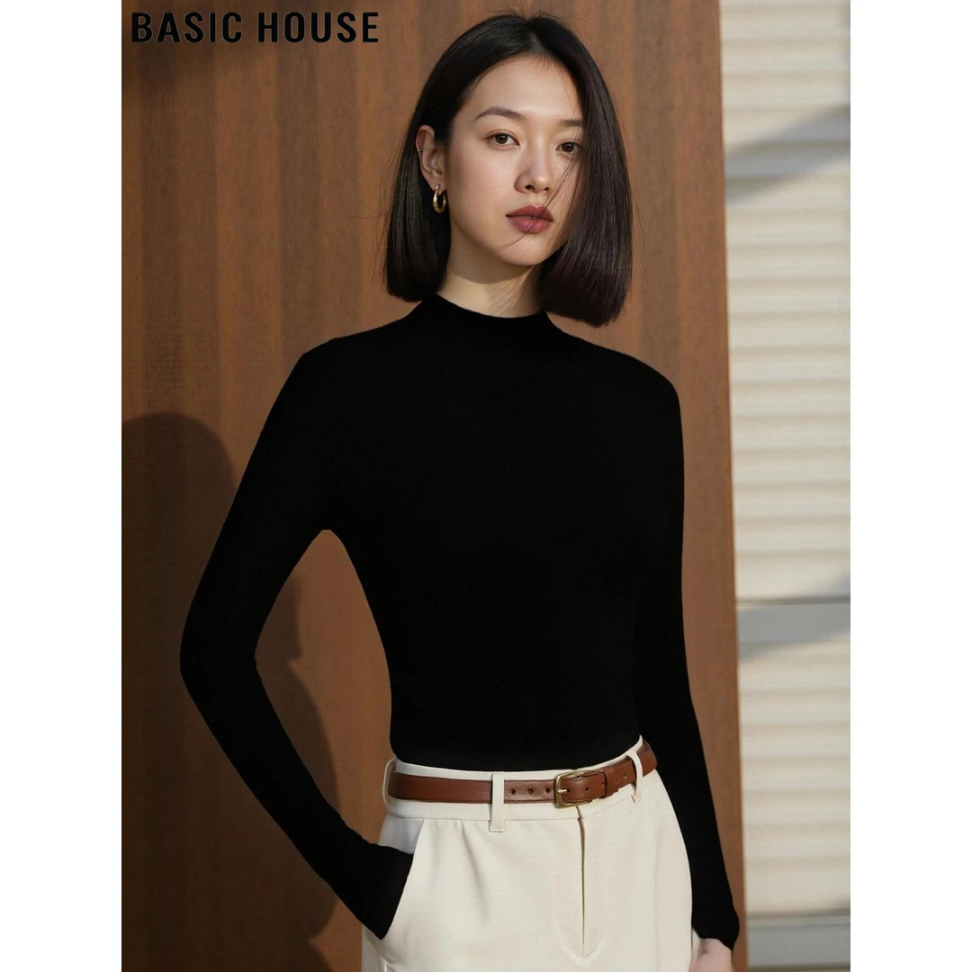 Basic House/百家好气质黑色半高领含羊毛针织衫女2025秋冬打底衫