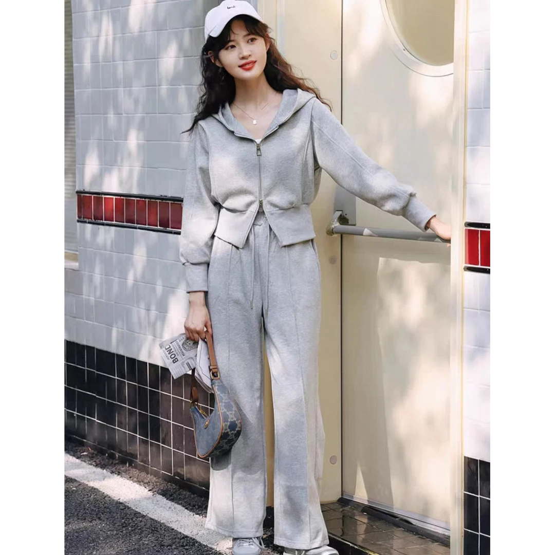 A276灰色时尚休闲套装女2025秋季新款短款连帽卫衣+裤子两件套