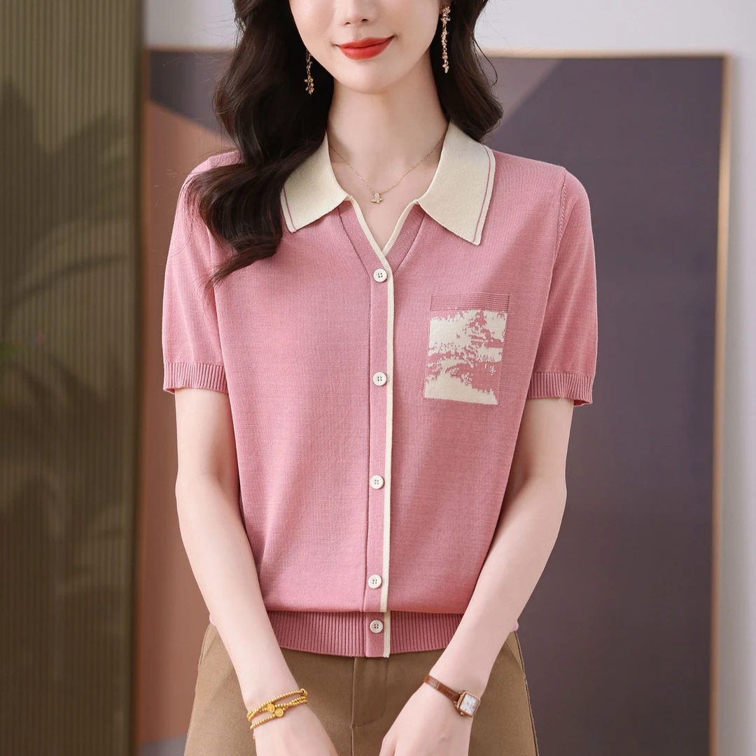 莱赛尔天丝新款短袖女减龄遮肚子洋气百搭凉快T恤宽松翻领上衣女