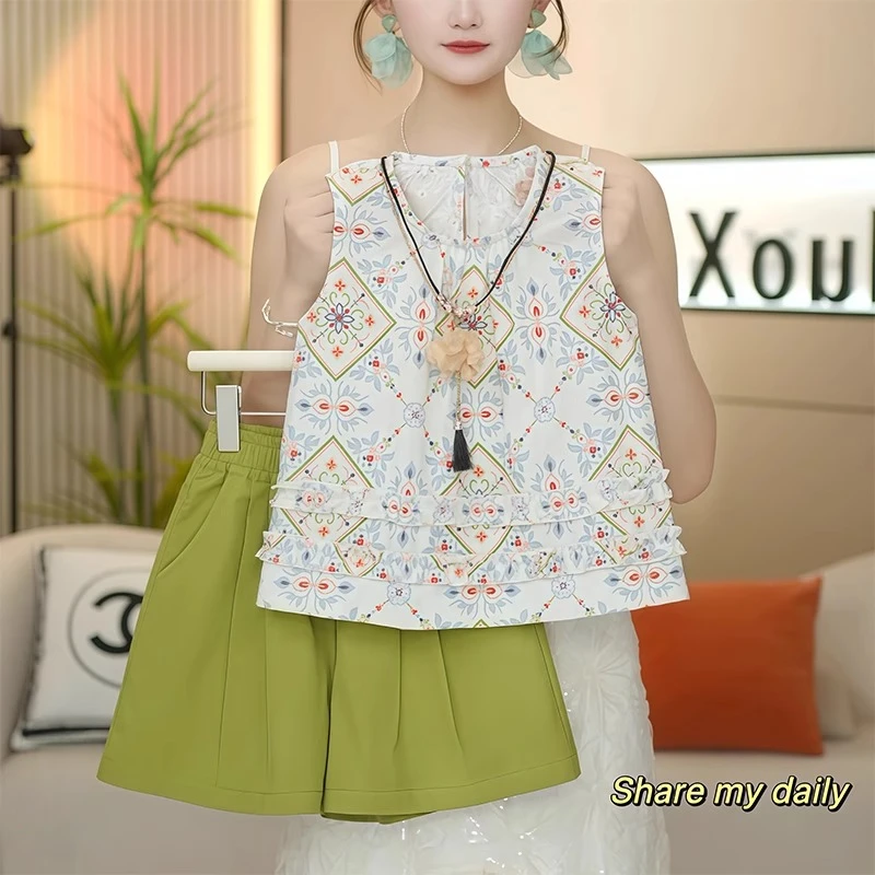 女童夏无袖短裤套装2025夏季新款背心娃娃衫碎花休闲裙裤度假风潮