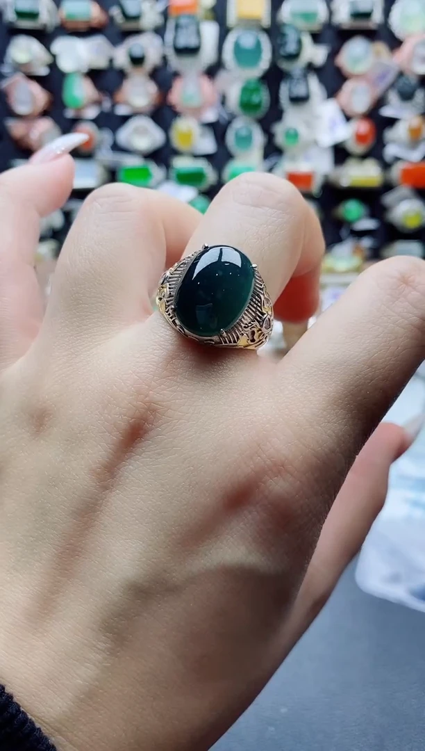 银S925镶嵌戒指翡翠天然翡翠A货男戒