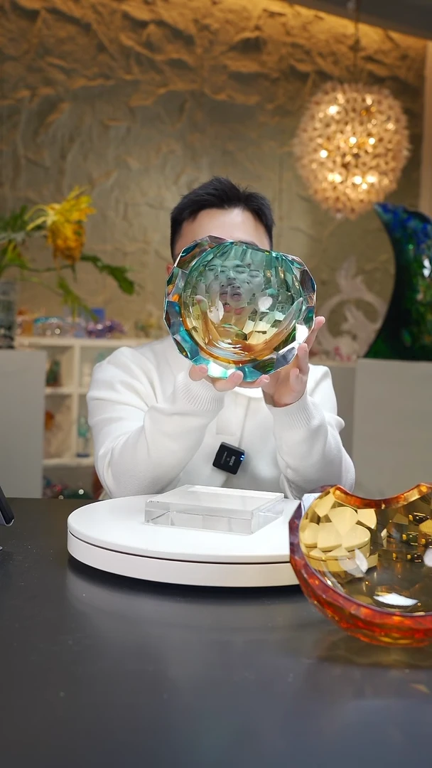 手工艺品琉璃Y*?宝石蓝琥珀色设计款切面果碗