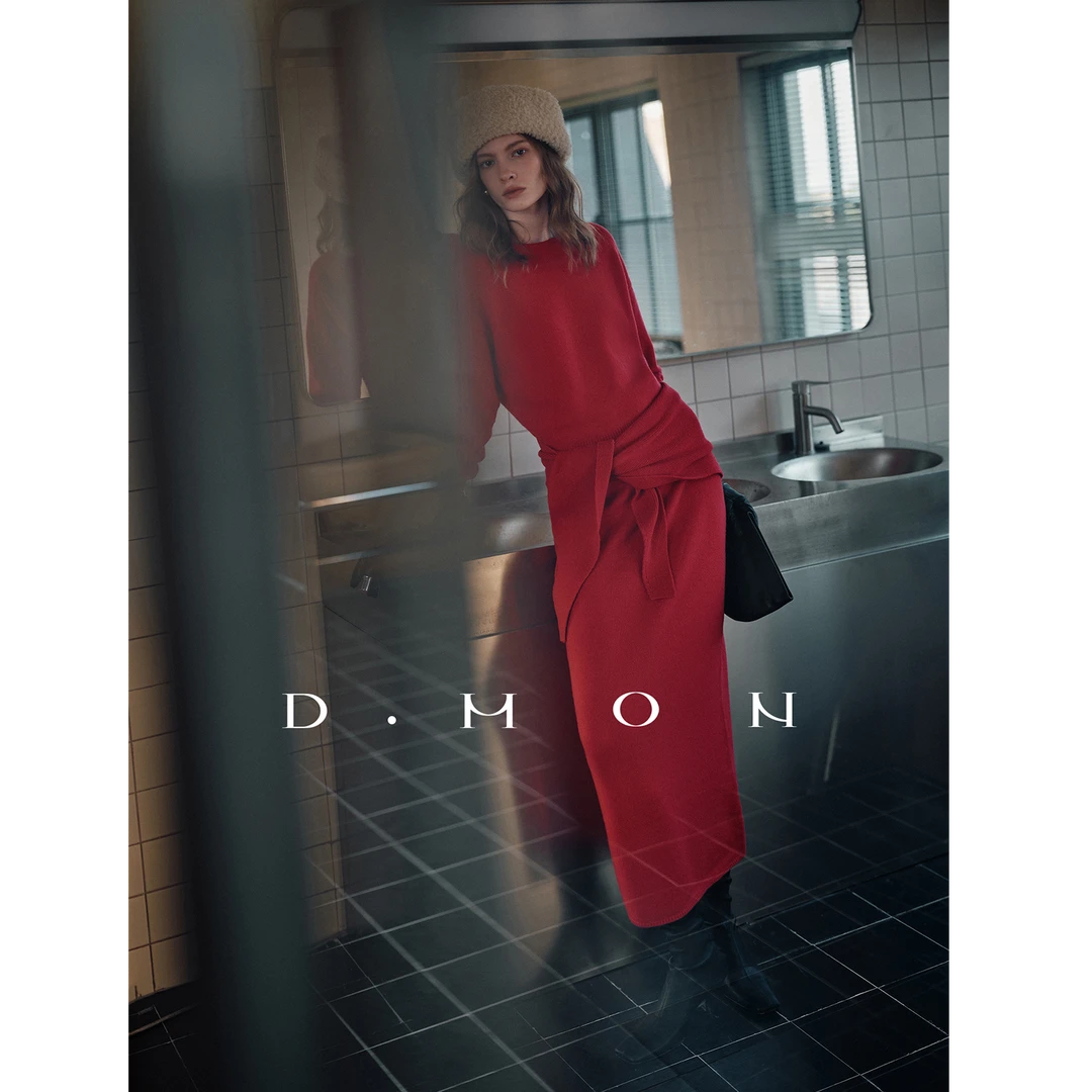 DMON暖奢“New Year”新年美利奴澳毛无缝显瘦收腰一字领针织套装