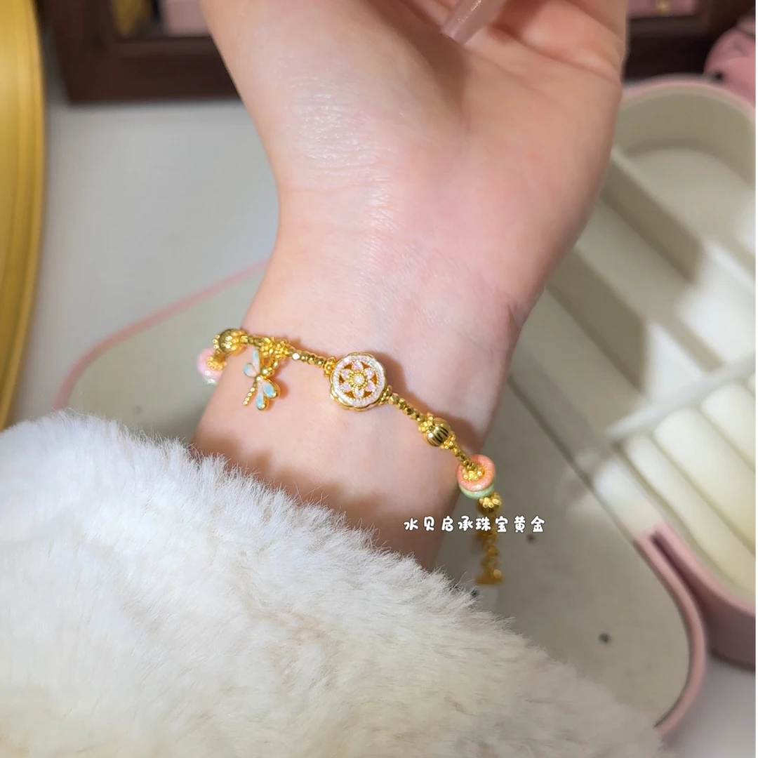 足金999宝相花甜甜圈蜻蜓提溜手链  12300026