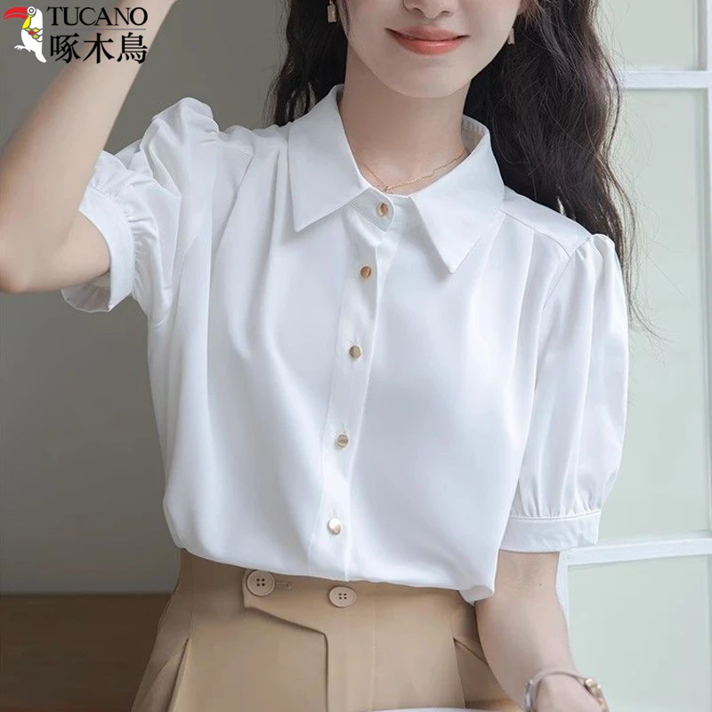 TUCANO/啄木鳥法式小众白色衬衫女夏季短袖正装洋气减龄上衣