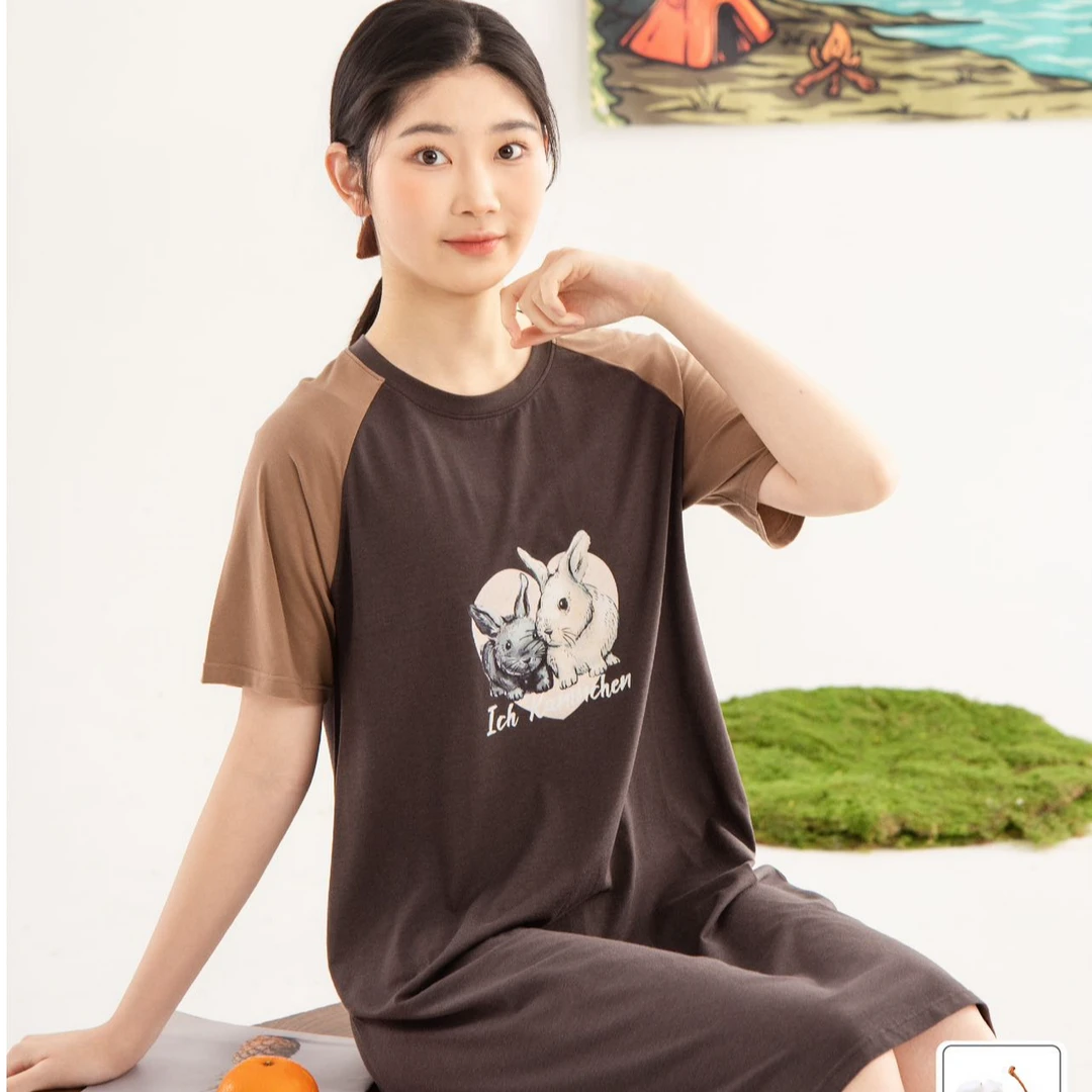 洛洛青少年春夏圆领短袖睡裙家居服 爱心小兔 LM2H7115