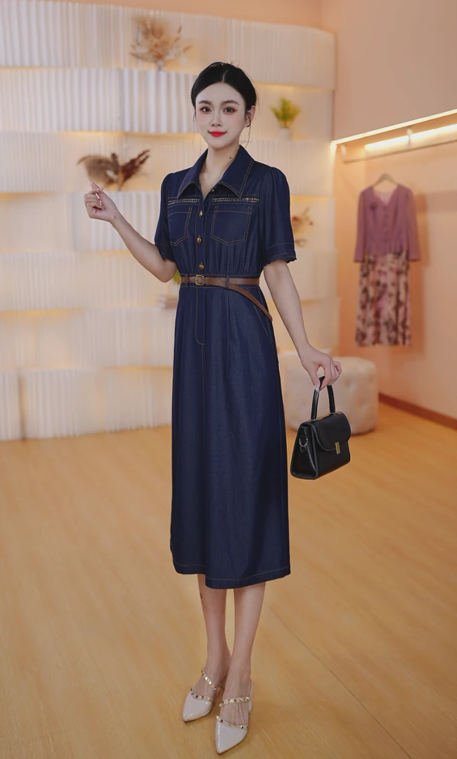 2025夏季新款时尚气质收腰显瘦休闲百搭仿牛仔短袖连衣裙女