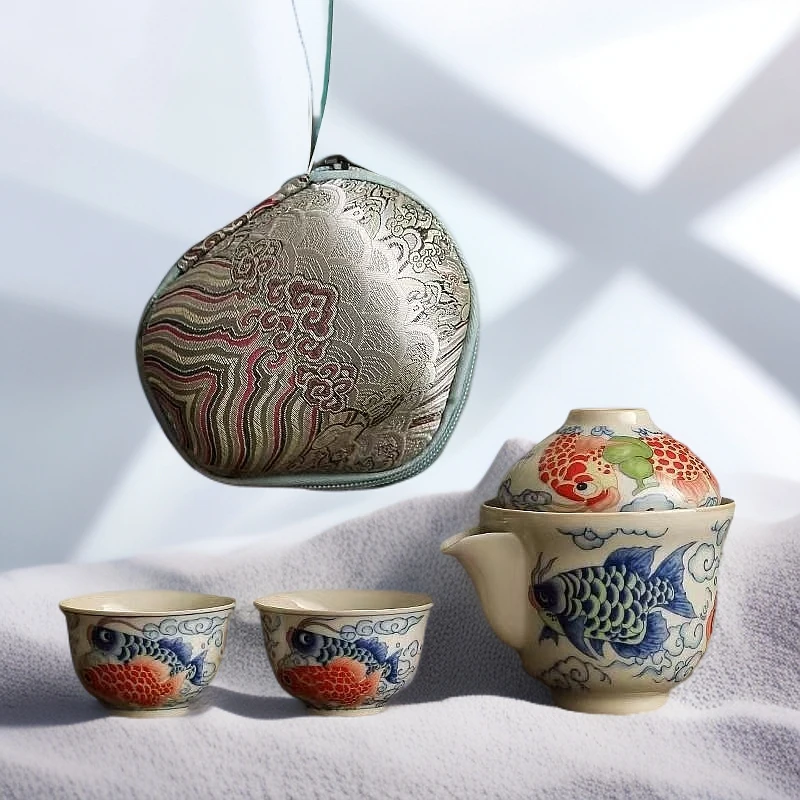 A063陶瓷龙鱼防烫功夫茶具单个高档防烫手抓壶家用泡茶碗带盖