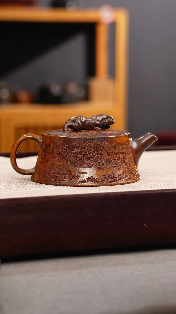 茶壶紫砂龙骨金砂 虎钮柱础 刻绘