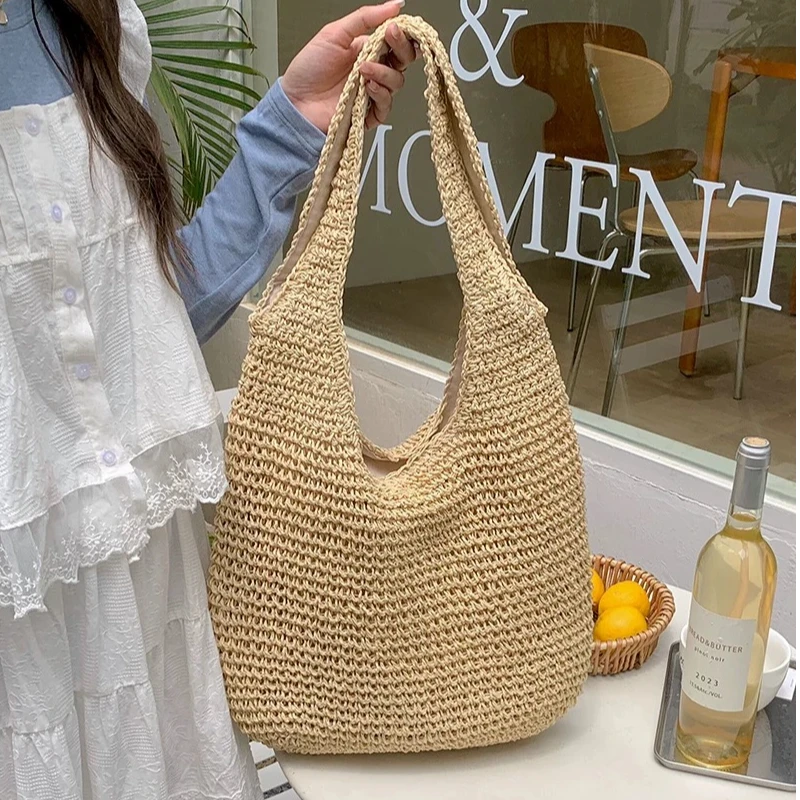 原创度假风草编包单肩包新款托特包大容量休闲手提百搭编织藤编包