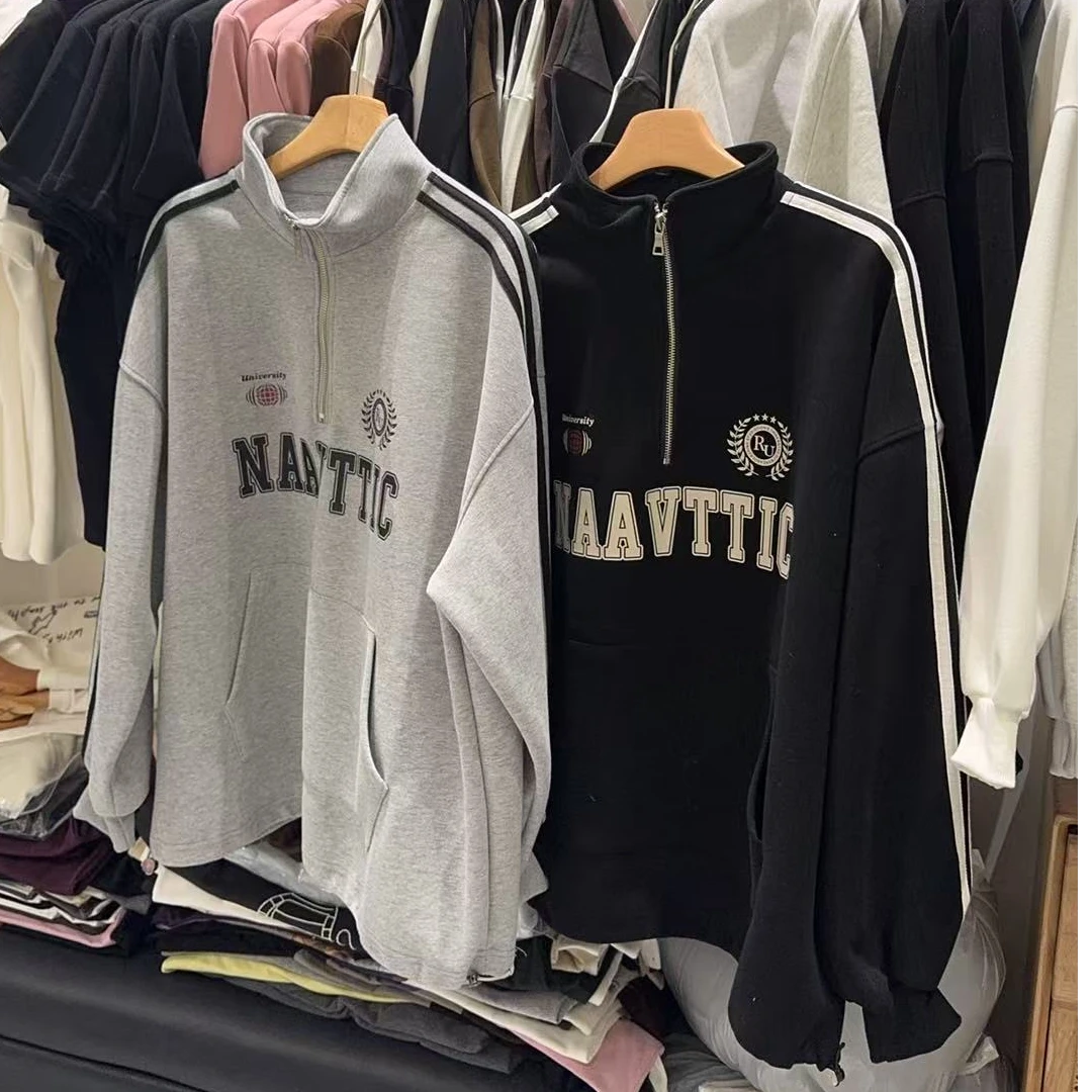 88821韩版春季新品半拉链套头三条杠休闲宽松卫衣女