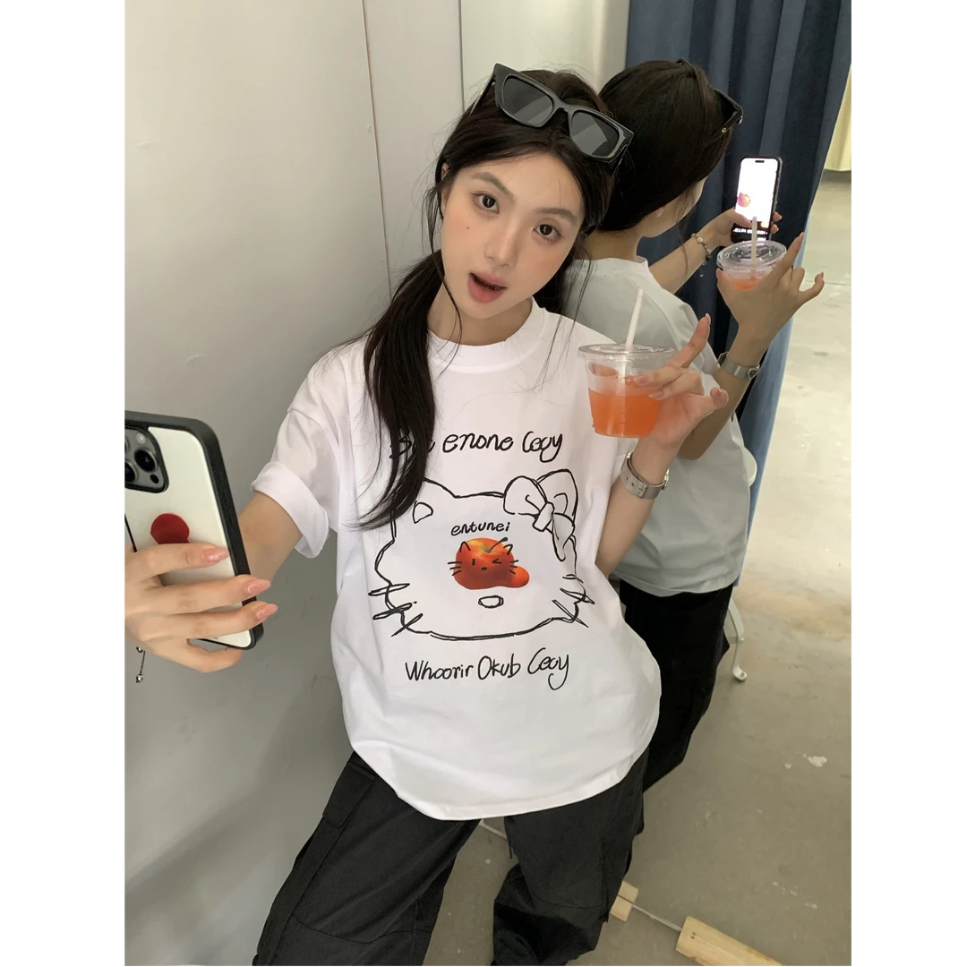 夏季新款女装重磅纯棉T恤短袖女宽松休闲百搭圆领卡通可爱上衣女