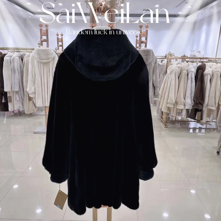 【塞唯澜】8号黑色韩版六浪帽 貂皮大衣经典外套连帽时尚