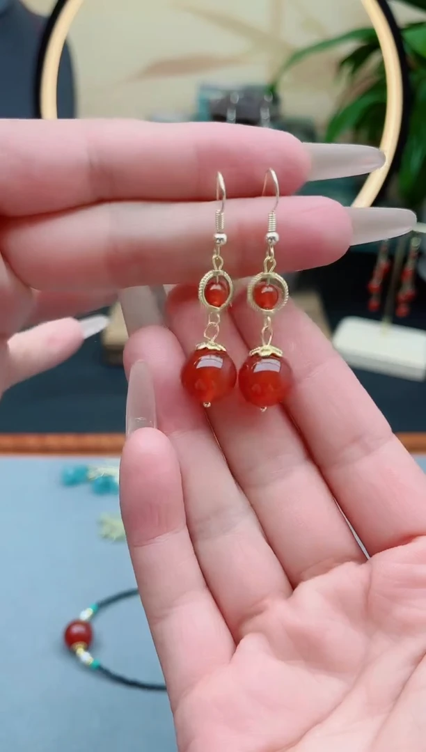 玛瑙/玉髓耳饰银S925镶嵌8821金色双连珠