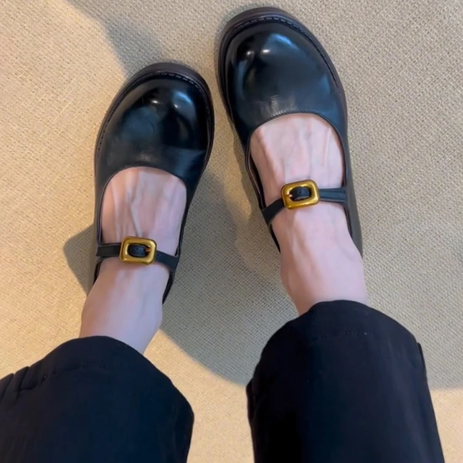 成都风复古法式新款小皮鞋一字带玛丽珍鞋女粗跟浅口乐福鞋女单鞋
