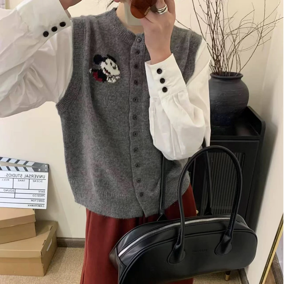 软糯穿搭假两件圆领开衫女设计感针织衫衬衫袖拼接毛衣米奇图案