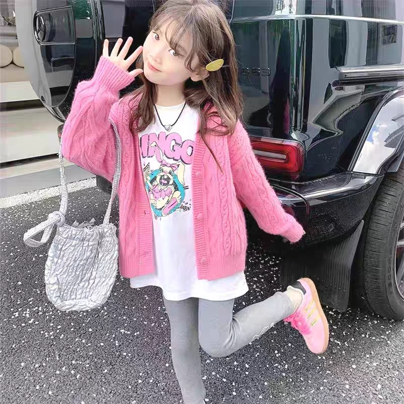 05新款女孩V领长袖纯色韩版时尚毛衣风格针织衫秋装女童儿童春秋