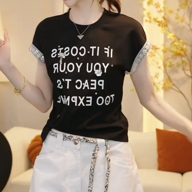夏季手工亮片花字母收腰显瘦短袖T恤上衣女LK2504377