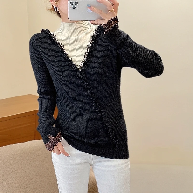 【芊荨精选】秋冬高级感显瘦半高领V型蕾丝百搭时尚针织衫S526#