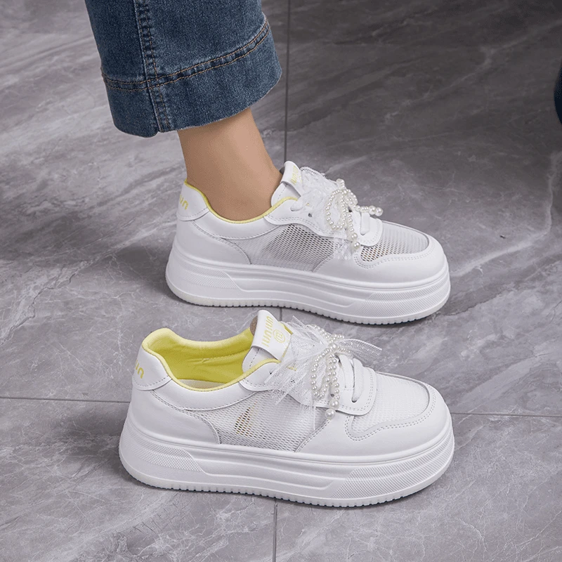 网红珍珠蕾丝蝴蝶结系带2025夏季新款松糕厚底小白鞋小个子板鞋