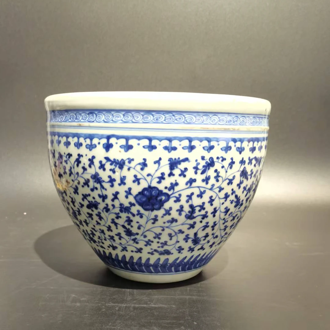 C-A0826008 清雍正  青花缠枝花卉 卷缸（口径22高度18）