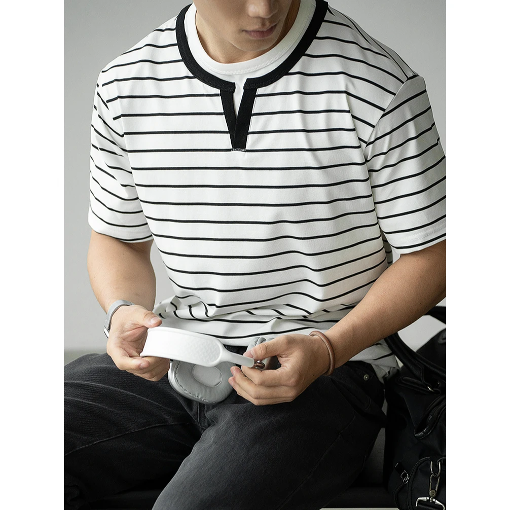 奥兰德保罗美式假两件小v领撞色条纹短袖夏季休闲通勤微阔宽松T恤