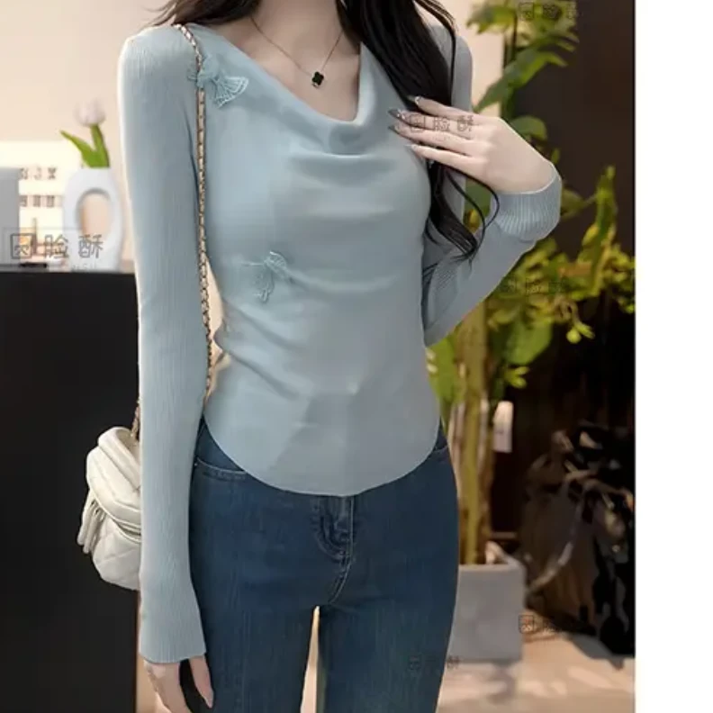 荡领针织衫女2025年新款春季法式设计感气质修身显瘦打底上衣