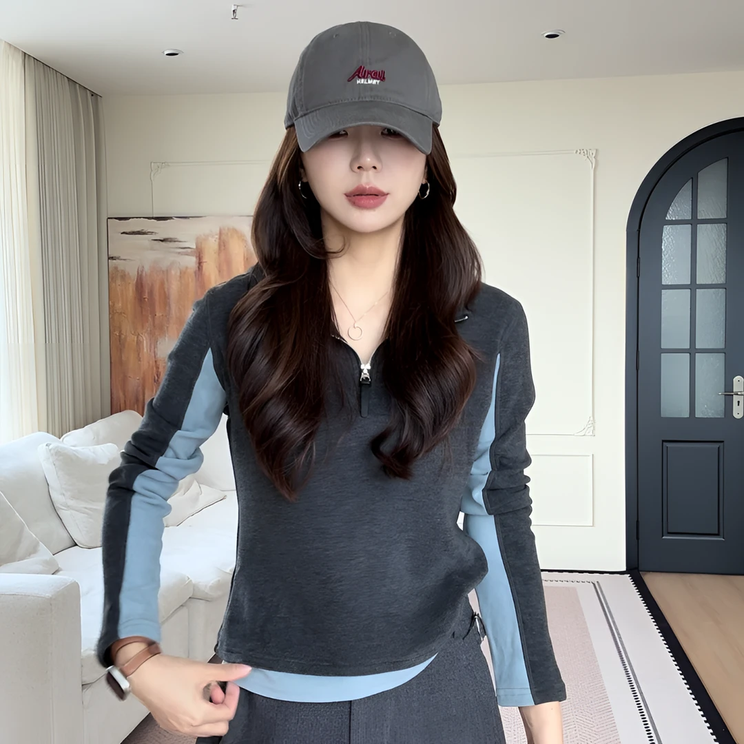 【余欢欢】秋季百搭休闲时尚拼色连帽长袖T恤-YHW50856