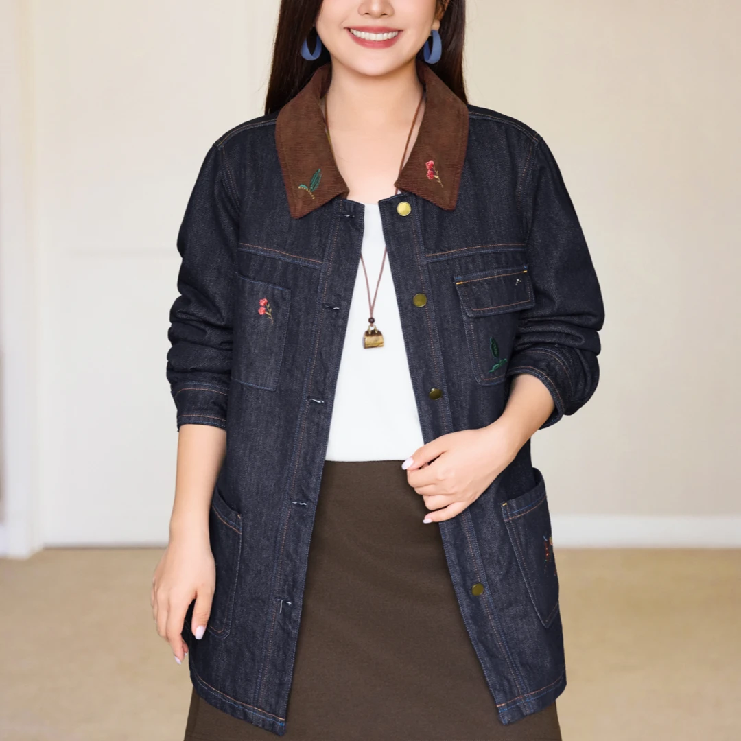 【巴恩风夹棉】MsShe大码女装2025冬装防掉色牛仔棉服外套Q2511017