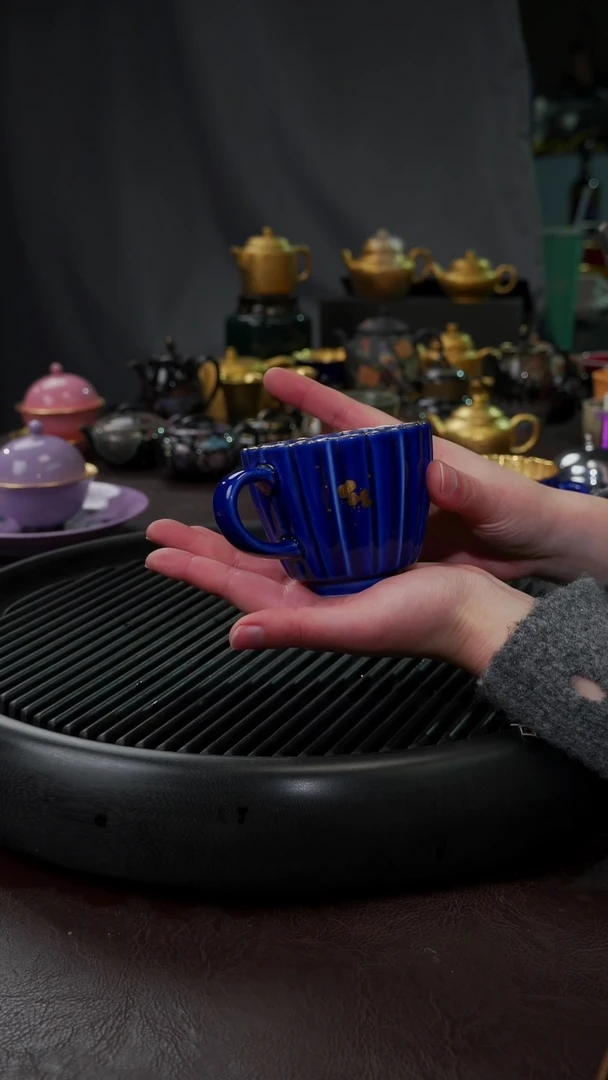 【闪购商品】杯【宜景窑蓝宝王子描金】筋纹马克杯