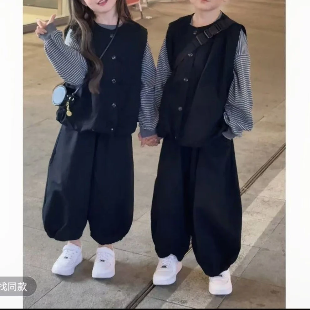 儿童三件套装新款男女童洋气时尚兄妹马夹坎肩T恤休闲束脚裤宽松