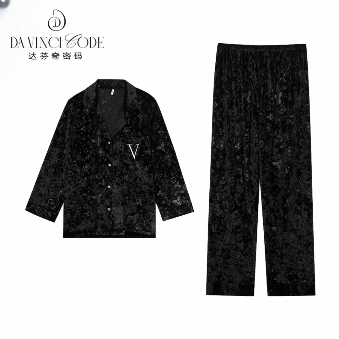 达芬奇密码秋冬金丝绒金钻绒情侣字母保暖宽松睡衣家居服套装