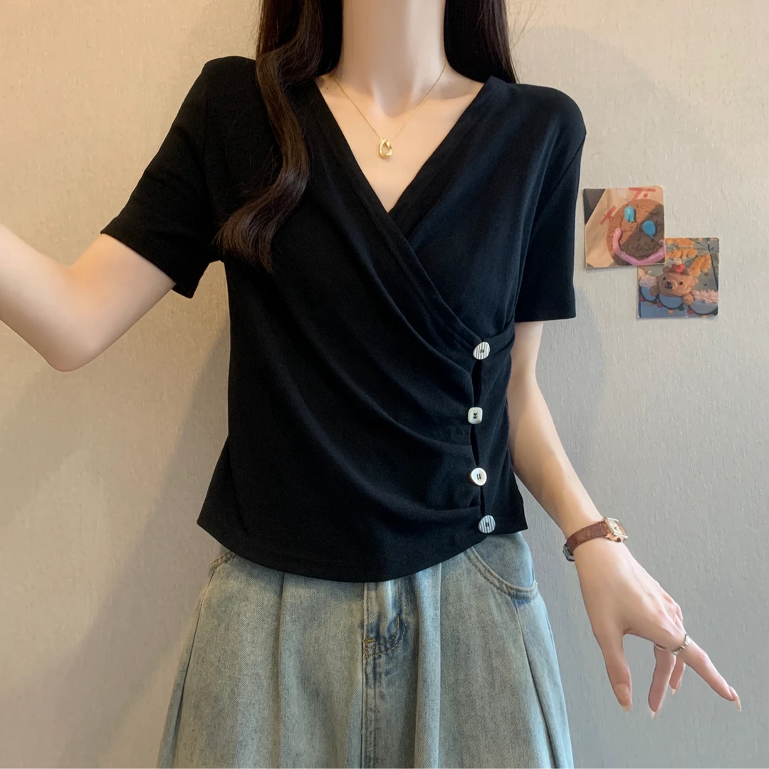 yoewshean/羽媗夏季微胖mm大码女装V领正肩短袖t恤宽松遮肚子显瘦