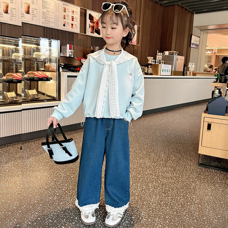 女童卫衣春秋套装新款超仙儿童中大童披肩卫衣洋气牛仔裤两件套