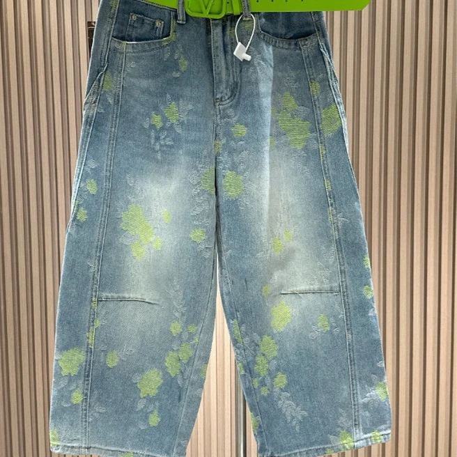 哈伦风极简风休闲牛仔裤宽松水洗裤子做旧时尚阔腿8分裤女夏季