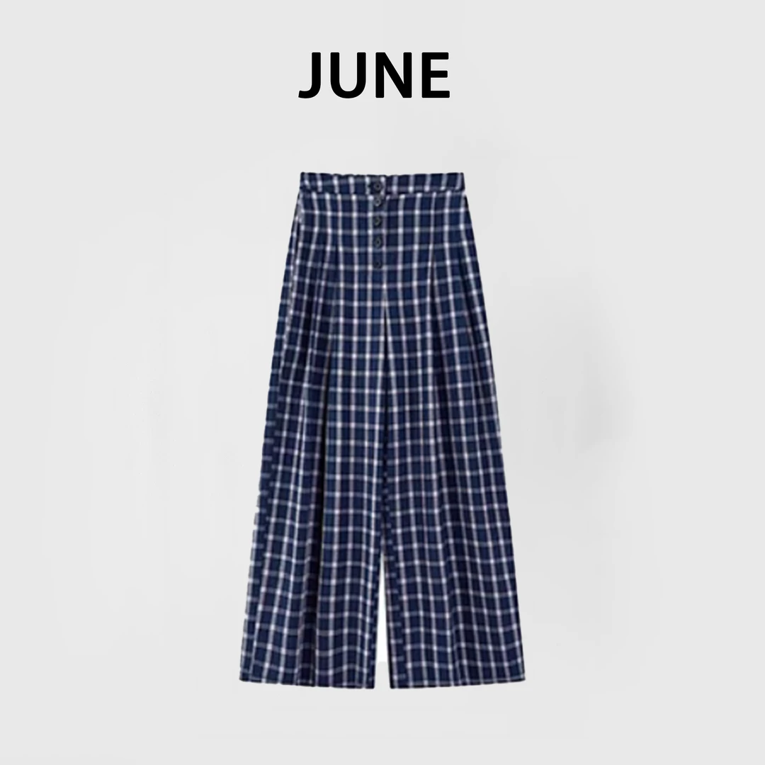 JUNE&露月服饰韩系格子阔腿裤女夏季设计百搭休闲时尚拖地裤港风