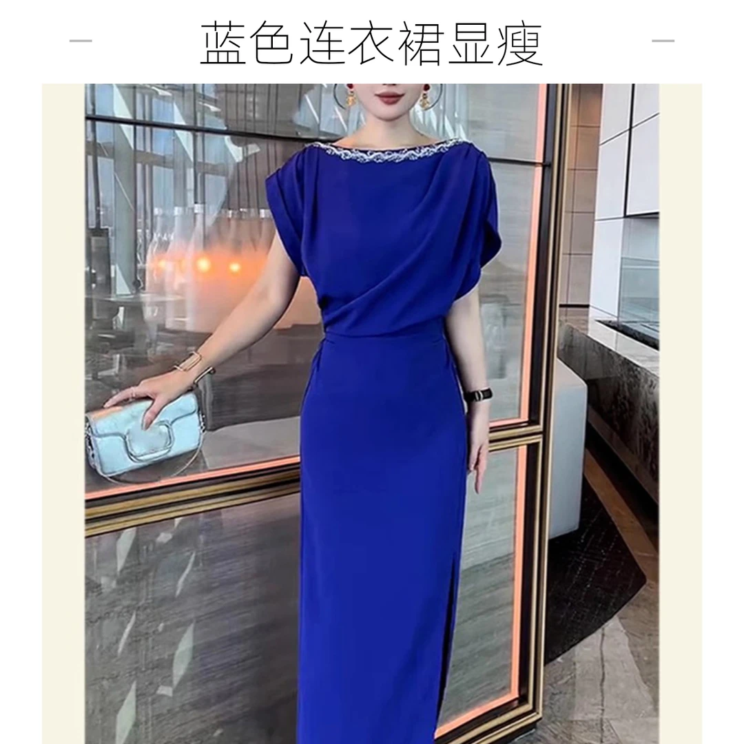夏季新款法式复古大方得体轻奢时尚高级感收腰显瘦洋气蓝色连衣裙