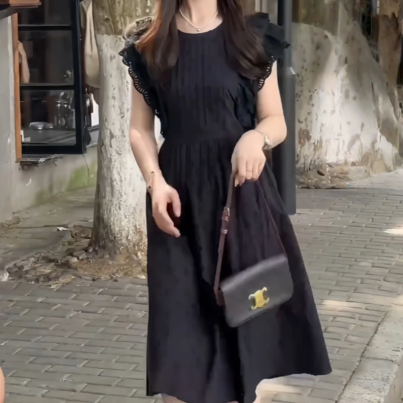 胖mm遮肉肉中长裙法式风连衣裙黑色优雅显瘦设计师夏季长裙飞飞袖