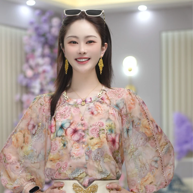 米娅 夏季爆款气质洋气百搭碎花衬衫时尚减龄防晒洋气上衣 DY5775